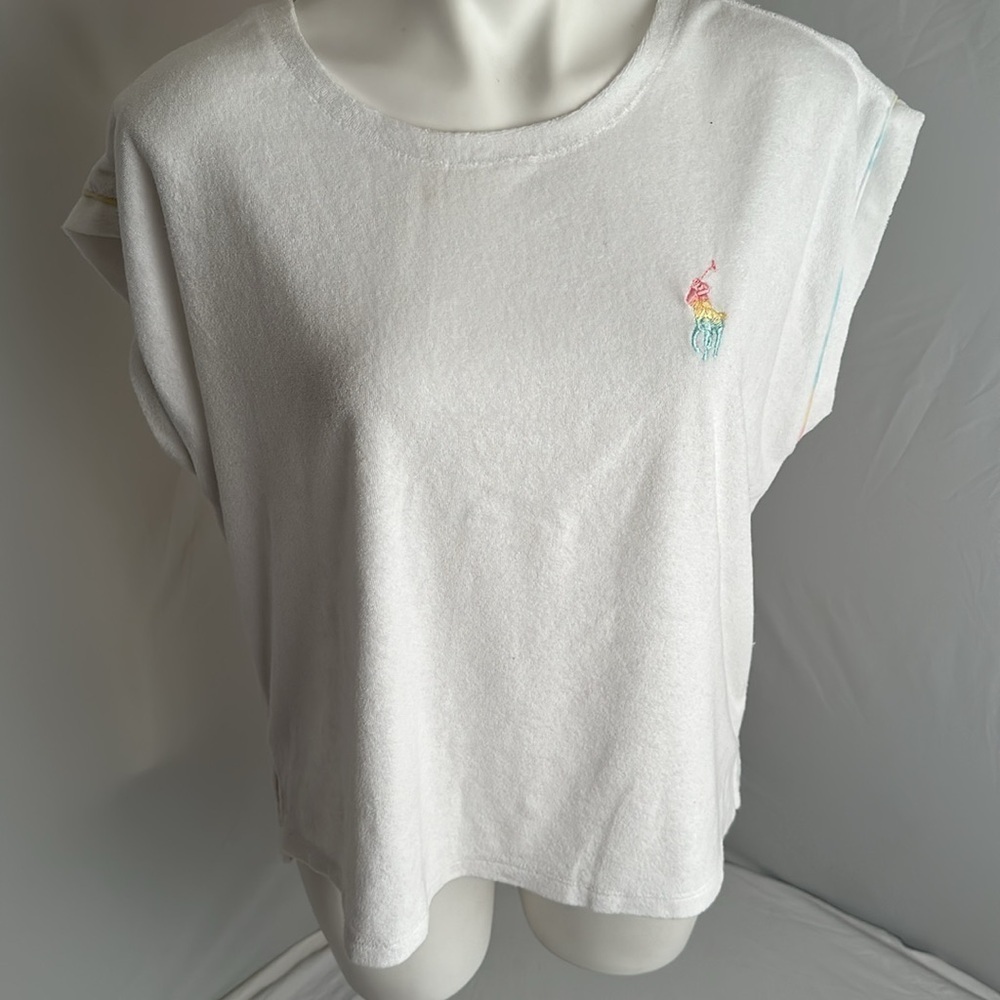 Ralph Lauren Polo white terry sleeveless top with pastel gradient logo